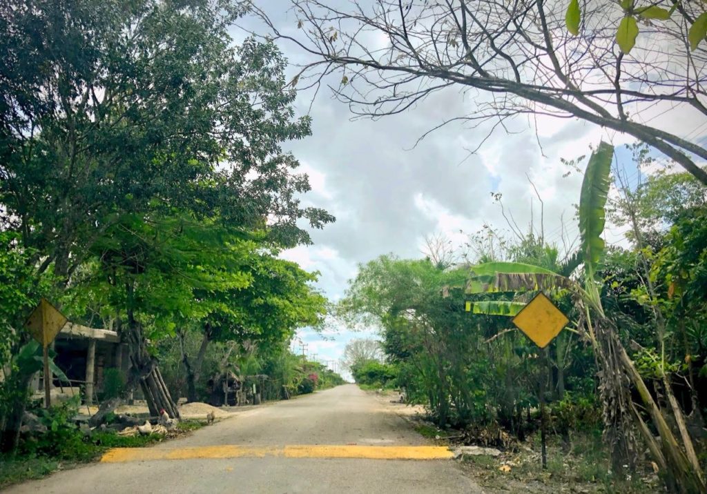narrow road to punta laguna with speed bump